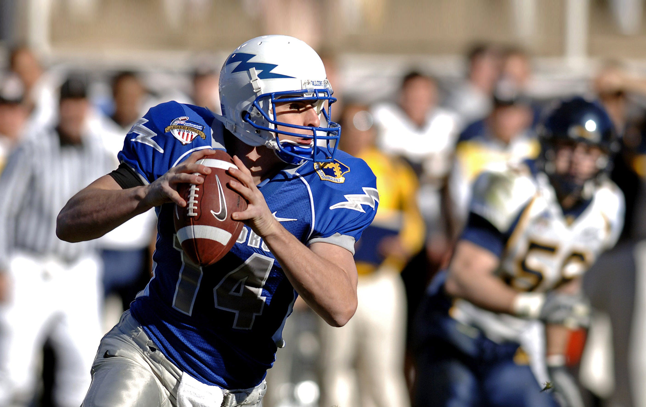 Football athlete Quarterback throwing a touchdown during a professional football game